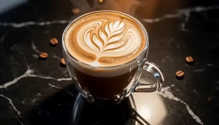 A latte in a glass mug with leaf latte art on dark marble